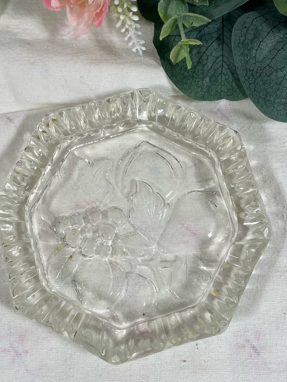 Clear  Pressed Glass Octagonal ash tray with Floral Motif